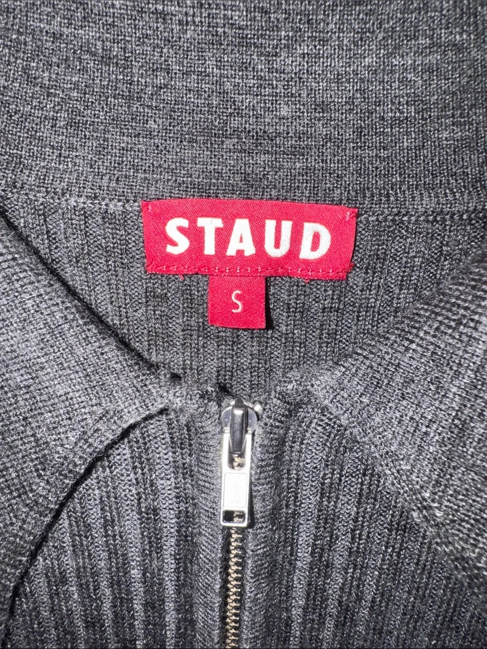 STAUD Platt Minidress—Gray long-sleeve belted sweater-dress